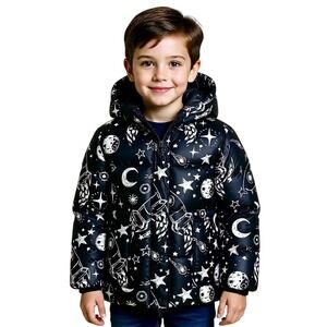 One Kid Boys Black Space Rocket Moon Star Puffer Hooded Jacket Size 3
